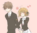  1girl brown_eyes brown_hair cardcaptor_sakura closed_eyes couple hair_ribbon heart hetero holding_hands kinomoto_sakura li_xiaolang musical_note necktie ribbon rui_(tsukihana) school_uniform short_hair smile tomoeda_middle_school_uniform 