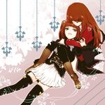  2girls brown_hair holding hug long_hair mammon multiple_girls open_mouth red_hair redhead skirt stakes_of_purgatory tears thigh-highs thighhighs twintails umineko_no_naku_koro_ni ushiromiya_ange 