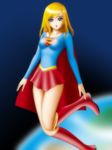  1girl alien blonde_hair blue_eyes boots cape dc_comics earth female flying highres kara_zor-el kryptonian long_hair red_cape s_shield samejima_minoru solo space supergirl superman_(series) 