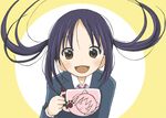  :d black_hair brown_eyes cup floating_hair itesu k-on! long_hair mug nakano_azusa open_mouth school_uniform smile solo teacup twintails 