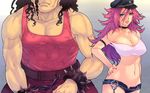  1girl armband bad_id bad_pixiv_id bare_shoulders bracelet breasts chain choker cleavage cuffs denim denim_shorts final_fight hand_on_hip handcuffs hat huge_breasts hugo_andore jewelry manly midriff muscle nail_polish navel pink_hair pink_nails poison_(final_fight) shorts spiked_bracelet spikes strap_slip street_fighter street_fighter_iii_(series) tank_top yoko_juusuke 