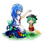  :&lt; ascot bad_id bad_pixiv_id blue_hair blush boots child closed_eyes closed_umbrella cross-laced_footwear food fruit green_hair hat hinanawi_tenshi kazami_yuuka lace-up_boots long_hair multiple_girls parasol peach plaid plaid_skirt plaid_vest red_eyes rupa short_hair simple_background sitting skirt skirt_set smile touhou umbrella vest wariza white_background younger 