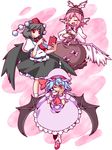  animal_ears bat_wings black_hair black_wings blue_hair closed_eyes ekus_(xo_ekus) geta hat multiple_girls music mystia_lorelei necktie notebook one_eye_closed open_mouth pen pink_hair red_eyes remilia_scarlet shameimaru_aya short_hair singing tengu-geta tokin_hat touhou wings 