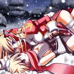  assassin_cross bad_id bad_pixiv_id blonde_hair blue_eyes breath high_priest holding_hands multiple_girls ragnarok_online red_eyes red_scarf sakage scarf snow thighhighs yuri 