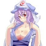  absurdres akutsu bad_id bad_pixiv_id blush breasts cleavage highres large_breasts open_clothes pink_hair saigyouji_yuyuko smile solo touhou undressing 