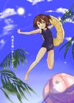  absurdres bad_id bad_pixiv_id brown_eyes brown_hair copyright_request fang highres hito713 innertube one-piece_swimsuit school_swimsuit short_hair solo swimsuit wet 