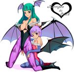  animal_print bare_shoulders bat_print breasts character_name cleavage large_breasts leotard lilith_aensland luceva morrigan_aensland multiple_girls pantyhose print_legwear red_leotard vampire_(game) wings 