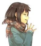  3c1=3c2=3 black_hair bob_cut closed_eyes durarara!! glasses plaid plaid_scarf scarf short_hair smile solo sonohara_anri 