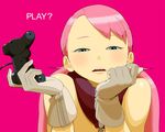  aqua_eyes blush chin_rest controller cynthia_lane game_console game_controller gloves looking_at_viewer overman_king_gainer pink_background pink_hair playing_games playstation simple_background solo tocky 