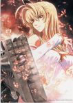  archetype_earth arcueid_brunestud blonde_hair breasts elbow_gloves fire gloves gun highres imizu_(nitro_unknown) medium_breasts non-web_source red_eyes scan slit_pupils smile solo tsukihime weapon 