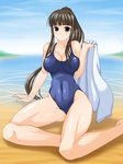  brown_eyes brown_hair kisaragi_yuki long_hair mahou_sensei_negima! ookouchi_akira ponytail school_swimsuit solo swimsuit towel 