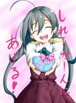  ahoge bow bowtie box closed_eyes commentary_request gift grey_hair heart-shaped_box incoming_gift kantai_collection kiyoshimo_(kantai_collection) low_twintails open_mouth ribbon school_uniform shiruppo solo translation_request twintails valentine 