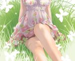  ami_(kawasemidori) bare_legs bug butterfly dress floral_print grass head_out_of_frame insect knee_up lower_body original plant sitting solo sundress 