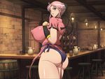  1girl artist_request ass bangs barrel black_eyes blush bottle breast_suppress breasts candle china_dress chinese_clothes curvy dragon_quest dragon_quest_dai_no_daibouken dress erect_nipples hair_bun hand_on_chest highres huge_breasts legs looking_at_viewer looking_back maam panties parted_lips pink_hair puffy_nipples restaurant short_sleeves sideboob silver_eyes smile solo standing stool thick_thighs thighs underwear wide_hips 