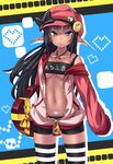  black_hair bow breasts chocolate chocolate_heart collarbone dark_skin elf hat heart heterochromia highres hime_cut letter long_hair looking_at_viewer mouth_hold original pointy_ears shorts solo striped tattoo thighhighs tsurime ugume underboob valentine 