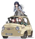  arsene_lupin_iii arsene_lupin_iii_(cosplay) ayase_eli blonde_hair blue_eyes blue_hair car clipe closed_eyes cosplay fiat_500 green_jacket ground_vehicle ishikawa_goemon_xiii ishikawa_goemon_xiii_(cosplay) jacket jigen_daisuke jigen_daisuke_(cosplay) left-hand_drive love_live! love_live!_school_idol_project lupin_iii motor_vehicle multiple_girls necktie nishikino_maki parody purple_eyes red_hair sonoda_umi yellow_neckwear 