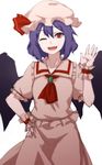  ascot bat_wings blush fang hat hat_ribbon highres looking_at_viewer mob_cap one_eye_closed open_mouth puffy_sleeves purple_hair red_eyes remilia_scarlet ribbon shirt short_hair short_sleeves simple_background skirt smile solo terimayo touhou white_background wings wrist_cuffs 