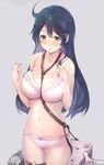  ahoge bare_shoulders between_breasts black_hair blush bra breasts collarbone commentary cowboy_shot highres kantai_collection large_breasts long_hair open_mouth panties pink_bra pink_panties solo sumisu_(mondo) thigh_strap underwear underwear_only ushio_(kantai_collection) 