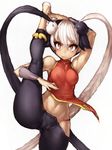  armpits axe_kick black_hair bracer breasts cameltoe covered_nipples feng_(skullgirls) fumio_(rsqkr) high_kick hip_vent kicking leg_lift long_hair multicolored_hair navel red_eyes silver_hair simple_background skullgirls small_breasts solo split standing standing_on_one_leg standing_split thighs two-tone_hair very_long_hair white_background wide_hips 