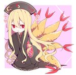  blonde_hair chinese_clothes food gla hat junko_(touhou) kamaboko long_hair looking_at_viewer multiple_tails narutomaki red_eyes shrimp sleeves_past_wrists solo tabard tail touhou very_long_hair wide_sleeves 