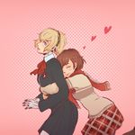  ^_^ aegis_(persona) blonde_hair blue_eyes brown_hair closed_eyes female_protagonist_(persona_3) hair_ornament hairclip headphones heart hug hug_from_behind koyorin looking_back multiple_girls pantyhose persona persona_3 persona_3_portable plaid plaid_skirt scarf school_uniform short_hair skirt smile sweater x_hair_ornament yuri 