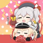 =_= blonde_hair box cape closed_eyes commentary_request epaulettes food food_in_mouth graf_zeppelin_(kantai_collection) hair_ribbon hat heart-shaped_box kantai_collection kashima_(kantai_collection) military military_uniform multiple_girls peaked_cap puchimasu! ribbon silver_hair sitting sitting_on_person sweat tail translated twintails uniform yuureidoushi_(yuurei6214) 