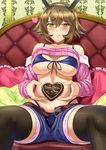  belt bikini black_legwear blue_bikini blush breasts brown_eyes brown_hair chocolate chocolate_heart clothes_lift collarbone come_hither couch heart heart-shaped_pupils heart_pillow highleg highleg_bikini kantai_collection large_breasts licking_lips long_sleeves looking_at_viewer midriff mutsu_(kantai_collection) naughty_face open_fly pillow ribbed_sweater shibata_rai shorts sitting smile solo spread_legs sweater sweater_lift swimsuit symbol-shaped_pupils thighhighs tongue tongue_out unbuckled_belt underboob valentine 