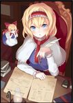  alice_margatroid apron blonde_hair blue_eyes blush book book_stack border capelet doll dress from_above hair_ribbon hairband igakusei long_sleeves looking_at_viewer open_mouth ribbon shanghai_doll short_hair sitting solo table touhou upper_body waist_apron 