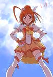  ahoge bow brooch chocokin choker cloud cure_sunny day gloves hair_bun hands_on_hips hino_akane_(smile_precure!) jewelry looking_at_viewer magical_girl orange_bow orange_choker orange_hair orange_skirt precure red_eyes short_hair signature skirt sky smile smile_precure! solo thighhighs white_gloves white_legwear 