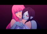  adventure_time black_hair cartoon_network glowing glowing_eyes grey_skin hug hug_from_behind kathryn_layno looking_at_viewer marceline_abadeer multiple_girls pink_hair pink_skin pointy_ears princess_bonnibel_bubblegum red_eyes vampire yuri 