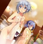  bat_wings blue_eyes blue_hair blush breasts collarbone commentary covering drinking drinking_straw efe groin hair_up izayoi_sakuya looking_at_viewer medium_breasts milk multiple_girls nude nude_cover open_mouth pointy_ears red_eyes remilia_scarlet silver_hair touhou towel towel_around_neck walk-in wavy_hair wings 