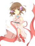  1girl ahoge artist_request bare_shoulders blush breasts brown_eyes brown_hair choker dress frills hair_ornament reala ribbon shoes short_hair smile tales_of_(series) tales_of_destiny_2 thighhighs 