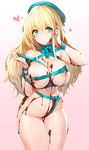  areolae atago_(kantai_collection) beret blonde_hair blush breasts chocolate chocolate_on_breasts gradient gradient_background green_eyes hat heart highres kantai_collection large_breasts long_hair looking_at_viewer naked_ribbon nipple_slip nipples pink_background ribbon simple_background smile snowball22 solo valentine 