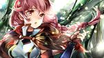  :o braid capelet detached_sleeves fingerless_gloves floating_hair forest gloves hai_to_gensou_no_grimgar long_hair looking_to_the_side luicent nature red_eyes red_hair single_braid solo tree upper_body yume_(grimgar) 