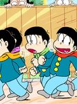  bald black_hair breath brothers chibita child fence heart heart_in_mouth henocchi iyami male_focus matching_outfit matsuno_choromatsu matsuno_juushimatsu matsuno_osomatsu matsuno_todomatsu multiple_boys osomatsu-kun running scarf sextuplet_(osomatsu-kun) siblings smile 