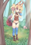  absurdres animal_ears black_panties blonde_hair blush_stickers bokushi boots day dog_ears elin_(tera) finger_to_mouth forest gloves highres long_hair mushroom nature navel no_pants outdoors panties purple_eyes shirt sleeveless sleeveless_shirt solo standing striped striped_legwear tail tera_online thighhighs twintails underwear 