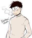  black_hair character_name chromatic_aberration cowboy_shot english freckles hands_in_pockets long_sleeves looking_at_viewer male_focus nyaph osomatsu-kun smile solo totoko's_brother turtleneck 