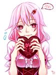  blush chocolate chocolate_heart english flying_sweatdrops fyu-neru guilty_crown hair_ornament hairclip heart highres long_hair looking_at_viewer pink_hair red_eyes solo twintails valentine xuse.air yuzuriha_inori 