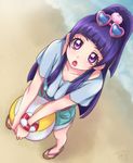  :o ball bare_legs beachball blue_shirt bracelet chocokin eyewear_on_head from_above half_updo heart heart-shaped_eyewear holding_beachball izayoi_liko jewelry long_hair looking_at_viewer mahou_girls_precure! precure purple_eyes purple_hair sandals shirt shorts solo standing sunglasses v_arms 