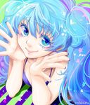  blue_eyes blue_hair closed_mouth dh_(booom38) earrings eyelashes face hatsune_miku highres jewelry jpeg_artifacts long_hair nail_polish purple_nails smile solo star star_earrings striped twintails twitter_username upper_body vocaloid 