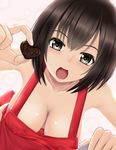  :d apron bare_shoulders black_eyes black_hair blush breasts chocolate chocolate_heart cleavage close-up collarbone covered_nipples downblouse fingernails food hanging_breasts heart hips holding holding_food looking_at_viewer medium_breasts naked_apron nonaka_ritsu open_mouth original pink_background pov shiny shiny_skin short_hair simple_background smile solo touka_(nonaka_ritsu) tsurime upper_body valentine 