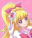  asahina_mirai blonde_hair bow chocokin cure_miracle earrings gem gloves hair_bow hairband half_updo hat index_finger_raised jewelry long_hair looking_at_viewer magical_girl mahou_girls_precure! mini_hat mini_witch_hat pink_background pink_bow pink_hat ponytail precure purple_eyes smile solo upper_body white_gloves witch_hat 
