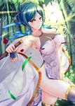  attack bamboo bamboo_forest black_legwear blood blood_splatter blue_hair blush breasts china_dress chinese_clothes collarbone commentary_request covered_navel covered_nipples cowboy_shot dress earrings floral_print forest green_hair hair_ornament hair_stick highres holding holding_sword holding_weapon jewelry large_breasts left-handed leg_up light_rays looking_at_viewer nature no_panties original outdoors pelvic_curtain revision ribbon ryuuzouji_usagi see-through see-through_silhouette side_slit sideboob slashing smile solo sword thighhighs unsheathed weapon wuxia yellow_eyes 