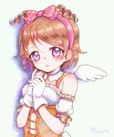  angel_wings bow brown_hair collar corset dancing_stars_on_me! detached_sleeves drill_hair gloves hair_bow hairband highres koizumi_hanayo love_live! love_live!_school_idol_project miyuki_(0331874) purple_eyes signature solo sparkle upper_body white_gloves wings 