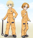  black_eyes blonde_hair blue_eyes braid darjeeling diesel-turbo girls_und_panzer gloves ishihara_mai jumpsuit kitamura_eri multiple_girls orange_hair orange_pekoe seiyuu_connection short_hair standing wrench 