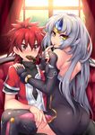  1girl chocolate code:_nemesis_(elsword) detached_sleeves elsword elsword_(character) eve_(elsword) fi-san forehead_jewel highres long_hair lord_knight_(elsword) mouth_hold red_eyes red_hair silver_hair thighhighs valentine yellow_eyes 