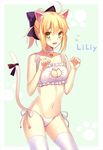  ahoge animal_ears animal_print artoria_pendragon_(all) bell bell_collar blonde_hair cat_ear_panties cat_ears cat_lingerie cat_print cat_tail collar fate/grand_order fate/stay_night fate/unlimited_codes fate_(series) fuyuki_(neigedhiver) jingle_bell meme_attire navel panties print_panties saber saber_lily side-tie_panties solo tail thighhighs underwear white_legwear 
