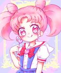  bishoujo_senshi_sailor_moon candy chibi_usa double_bun food heart highres holding lollipop miyuki_(0331874) pink_eyes pink_hair pleated_skirt sailor_collar school_uniform serafuku signature skirt smile solo striped striped_background tongue tongue_out twintails upper_body white_sailor_collar 