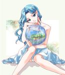  bishoujo_senshi_sailor_moon blue_dress blue_eyes blue_hair bubble dress garden highres kaiou_michiru kinako_(kota6) long_hair sitting smile solo strapless strapless_dress 