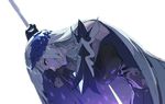  bare_shoulders breasts brynhildr_(fate) fate/prototype fate/prototype:_fragments_of_blue_and_silver fate_(series) gauntlets large_breasts long_hair pako polearm purple_eyes silver_hair solo spear weapon 